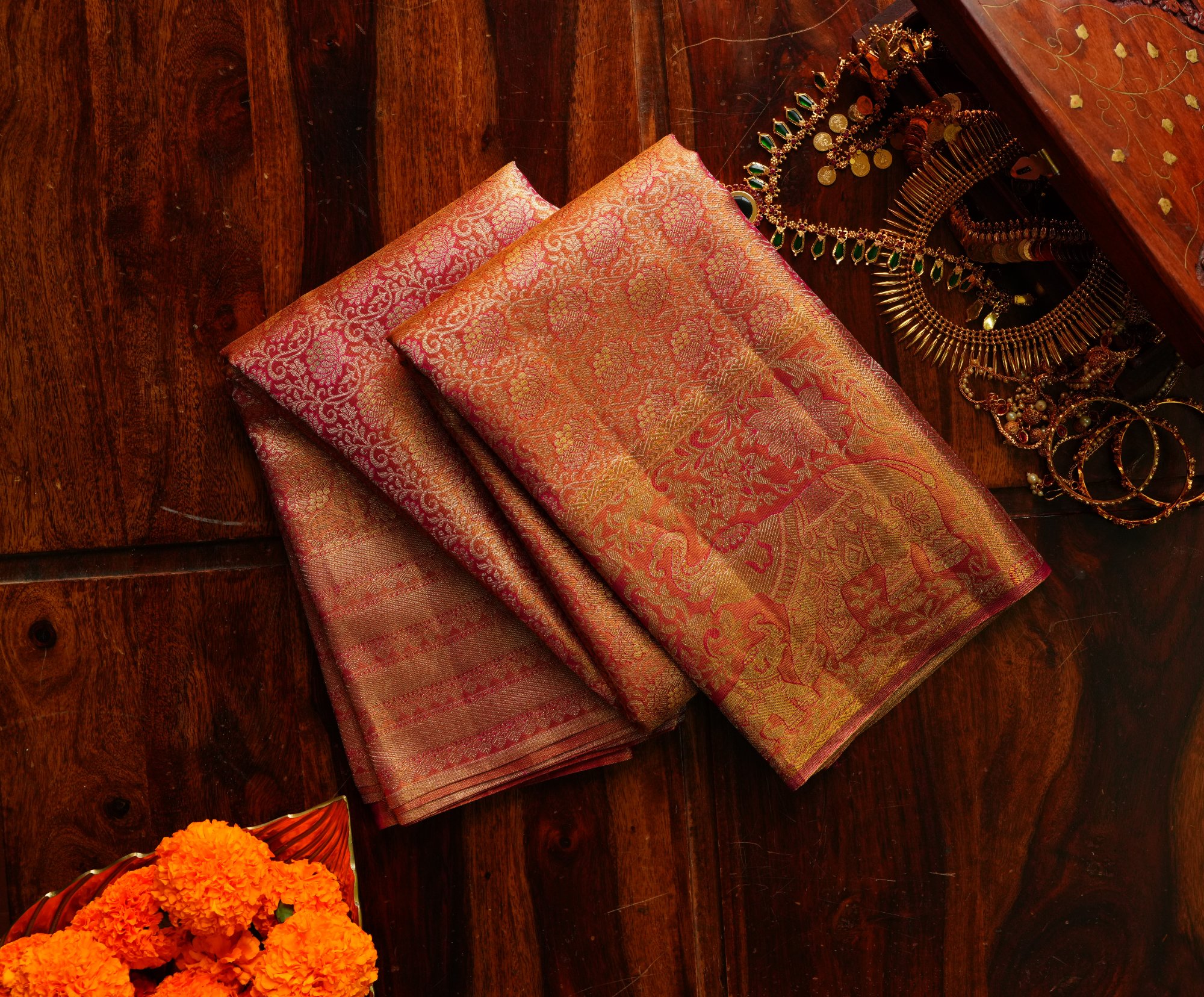 Pure Kanchipuram Tissue Silk Saree in Antique Gold with Traditional Elephant Zari Motifs