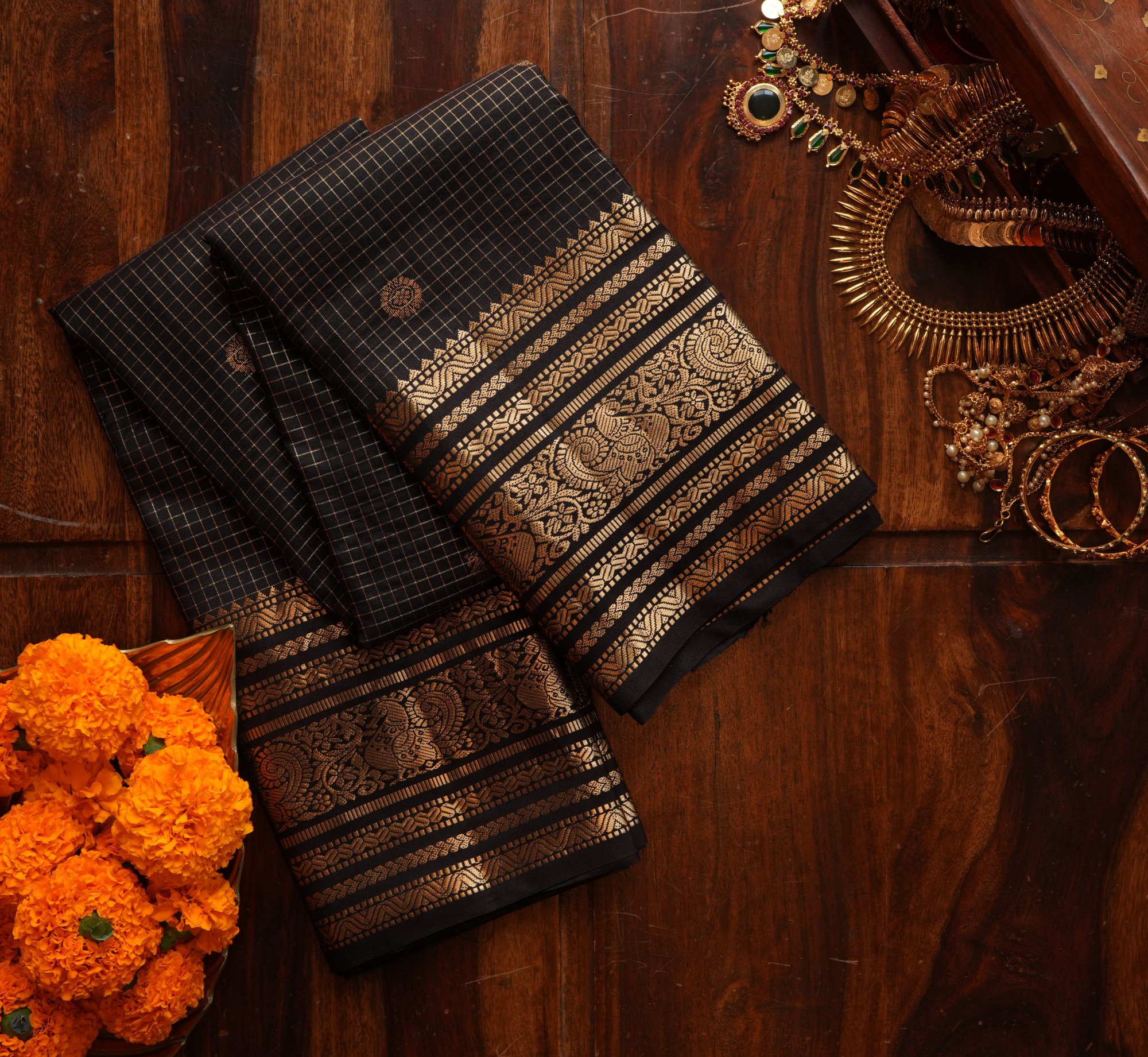 Pure Kanchipuram Silk Saree in Classic Black with Grand Gold Zari Weaving