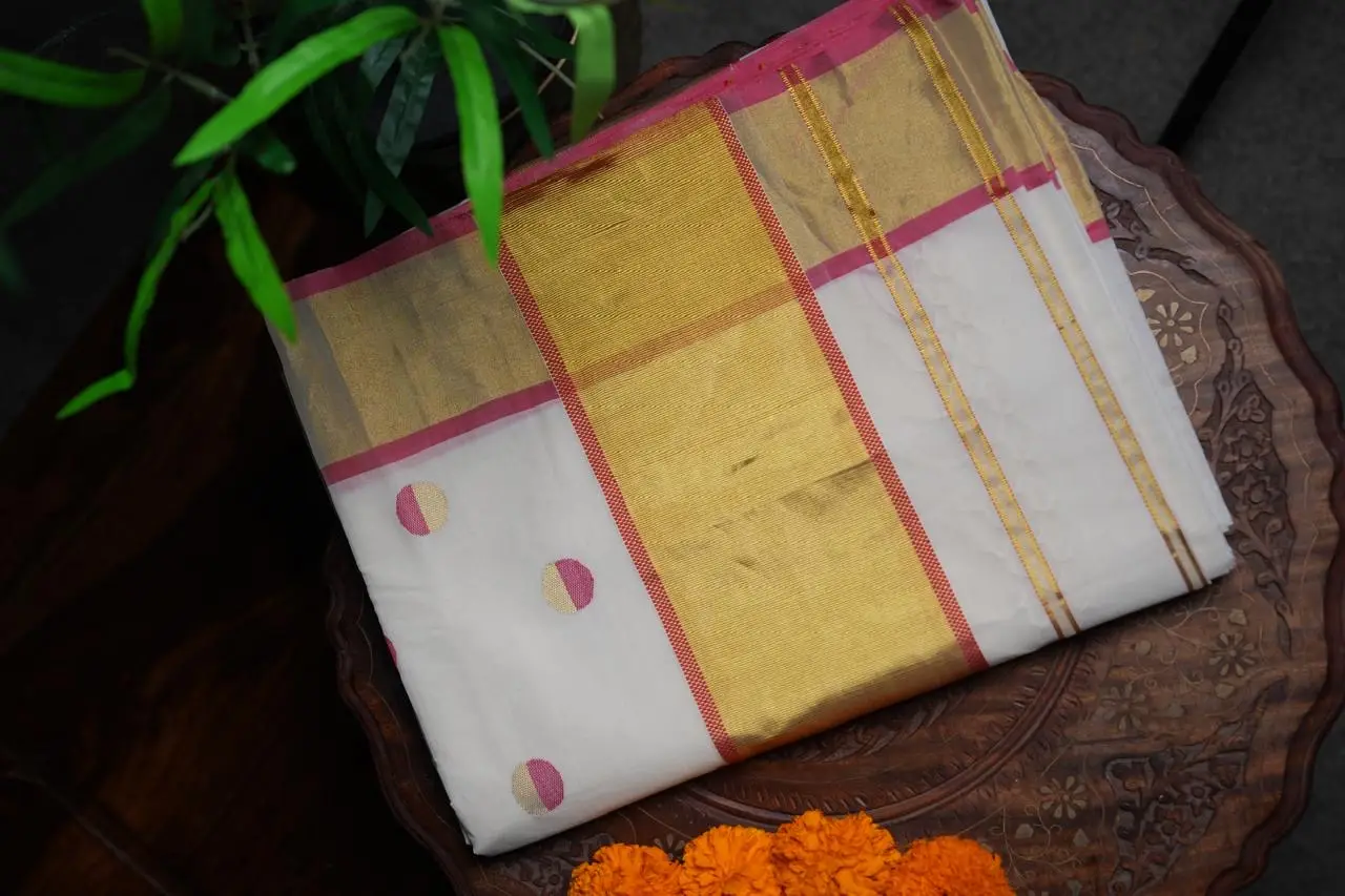 Kerala Kasavu Saree with Pink Polka Dots & Gold Kasavu Border