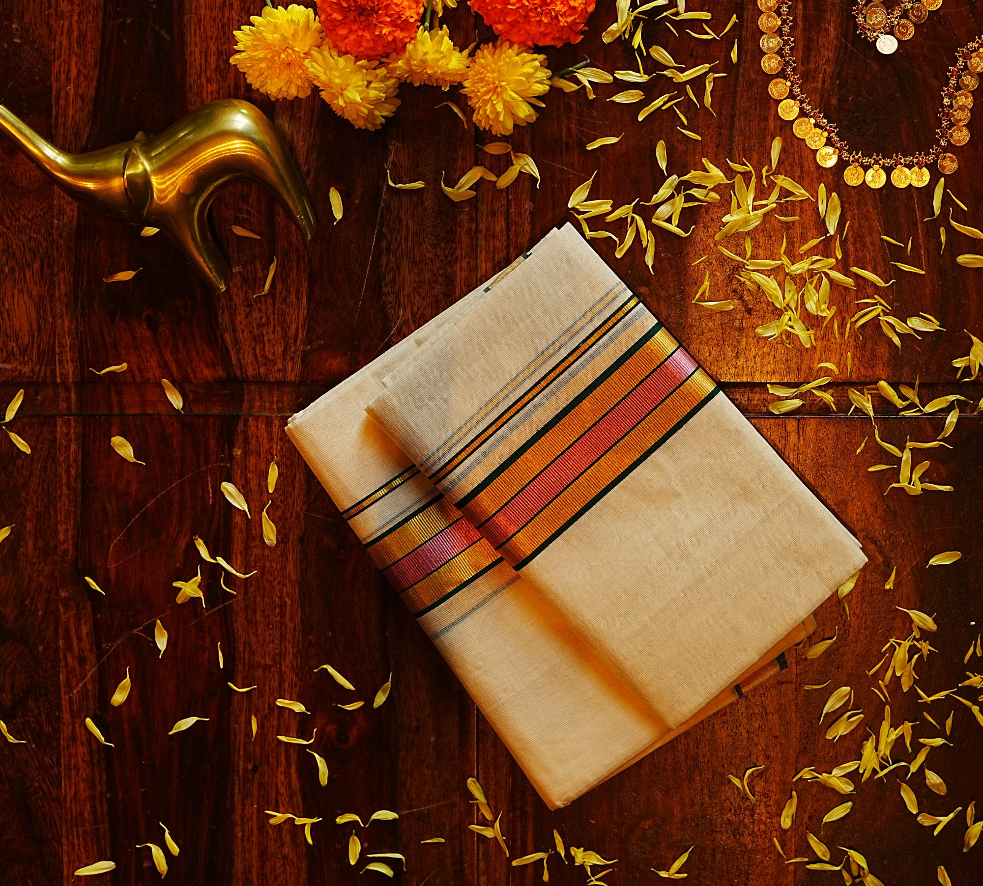 Kasavu Set Mundu with Kasavu, Green & Pink Temple Line Kara & Gold Zari Border