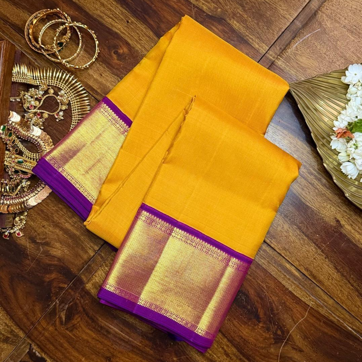 Pure Kanchipuram Silk Saree in Mustard Yellow with Royal Purple Border
