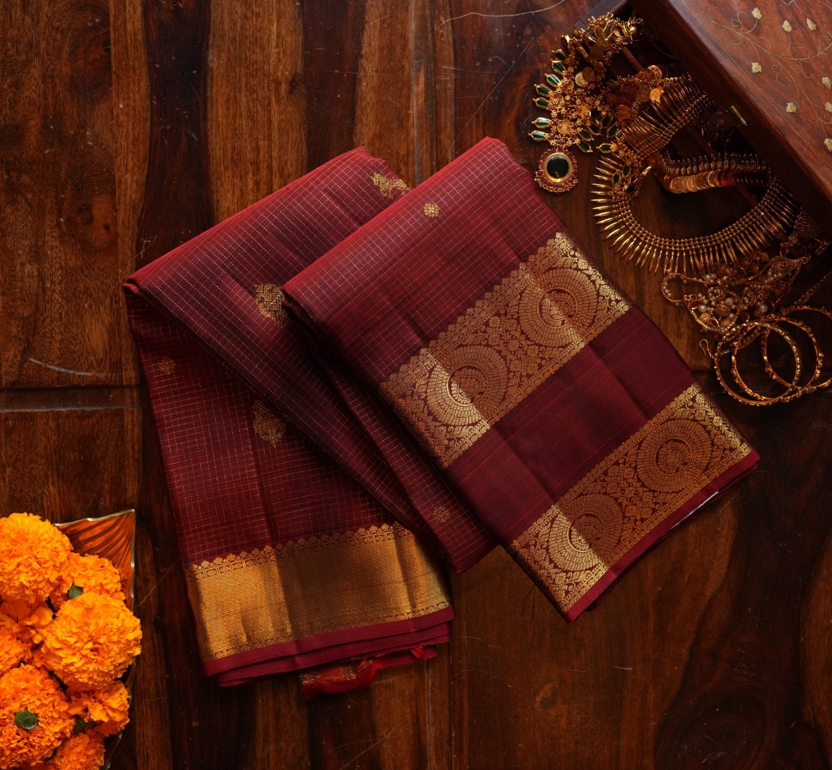 Temple Maroon  Pure Kanchipuram Silk Saree with Traditional Zari Border