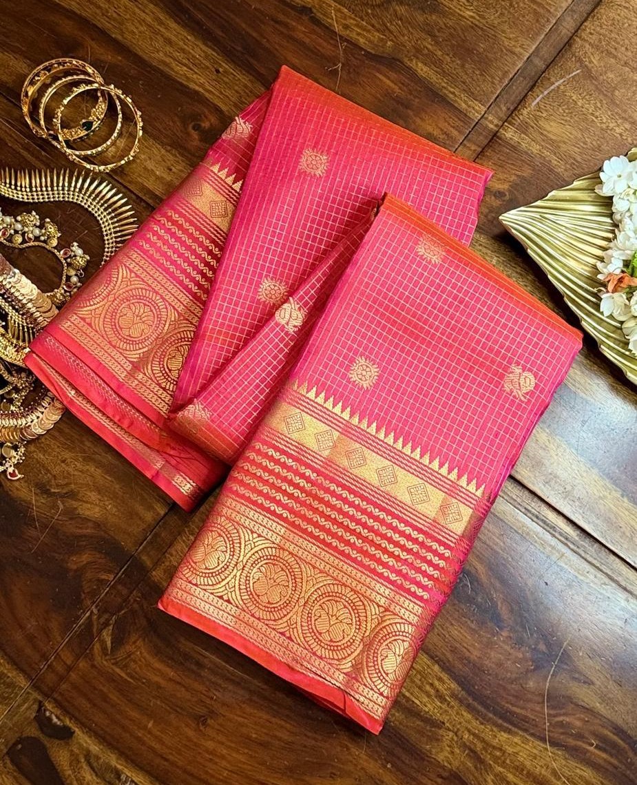 Pure Kanchipuram Silk Saree in Coral Pink with Traditional Gold Zari Weaving