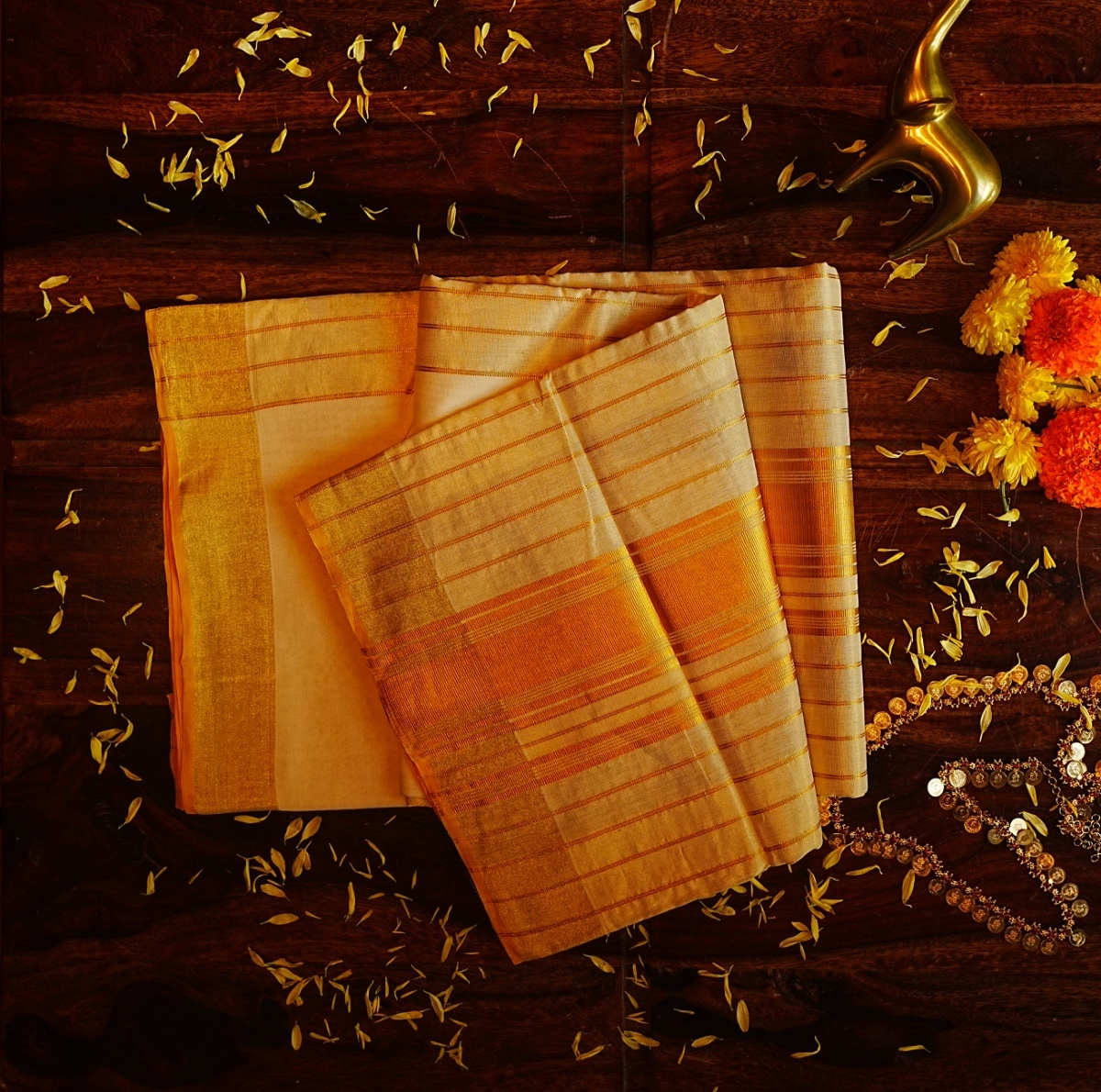 Pure Handloom Kerala Kasavu Saree with Tissue Pallu & Classic Kasavu Border