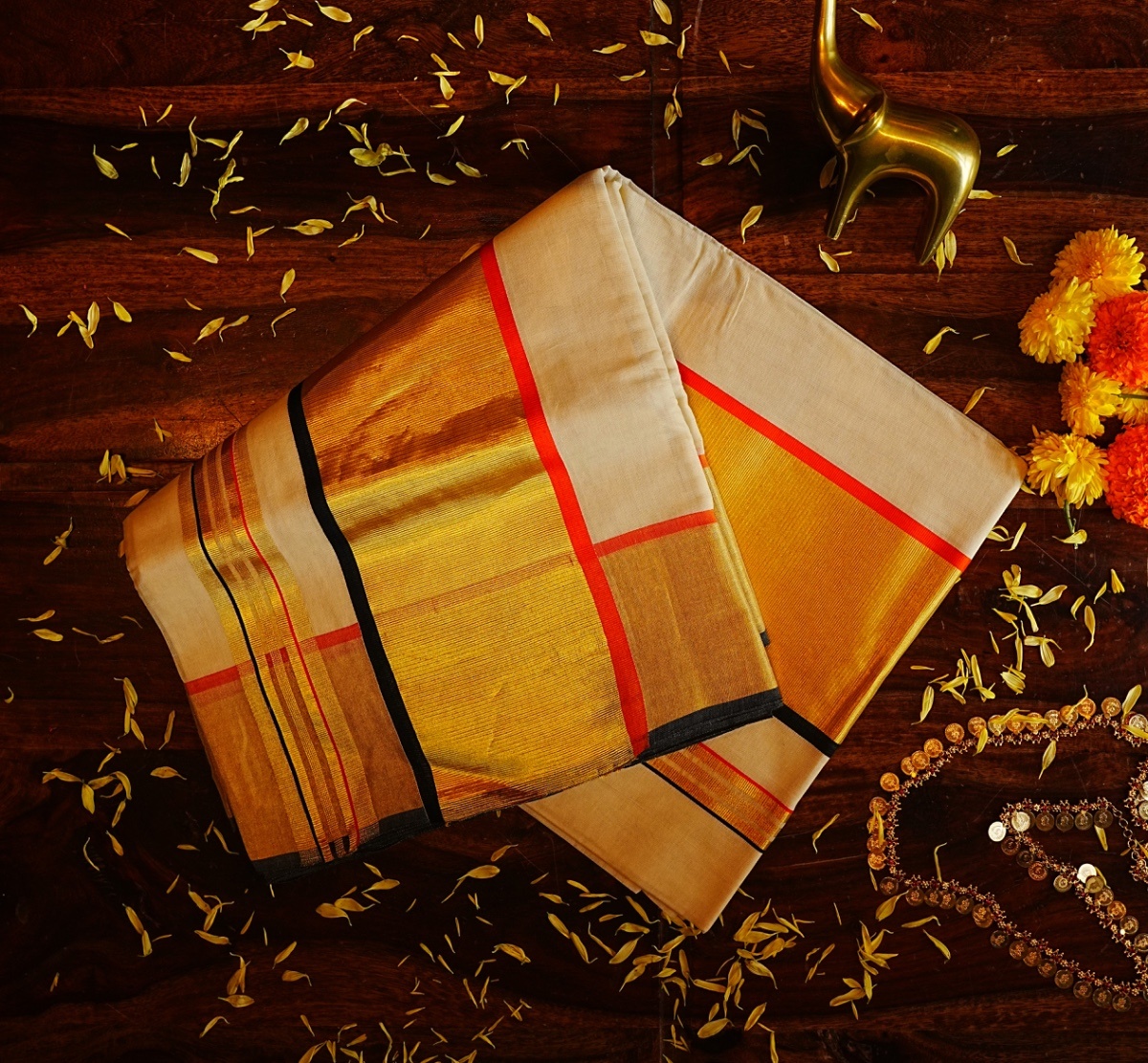 Pure Handloom Kerala Kasavu Saree with Grand Kasavu Pallu and Orange & Black Line Accents