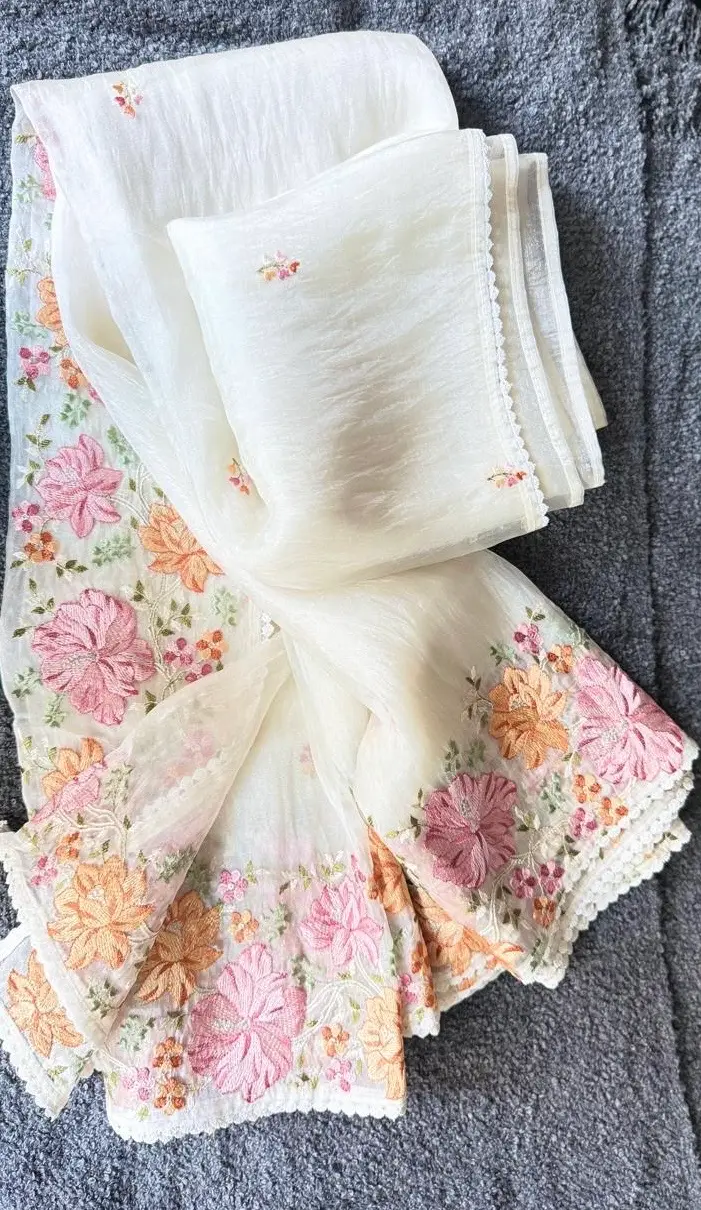 Off white Glass Tissue Saree with Elegant Floral Embroidery