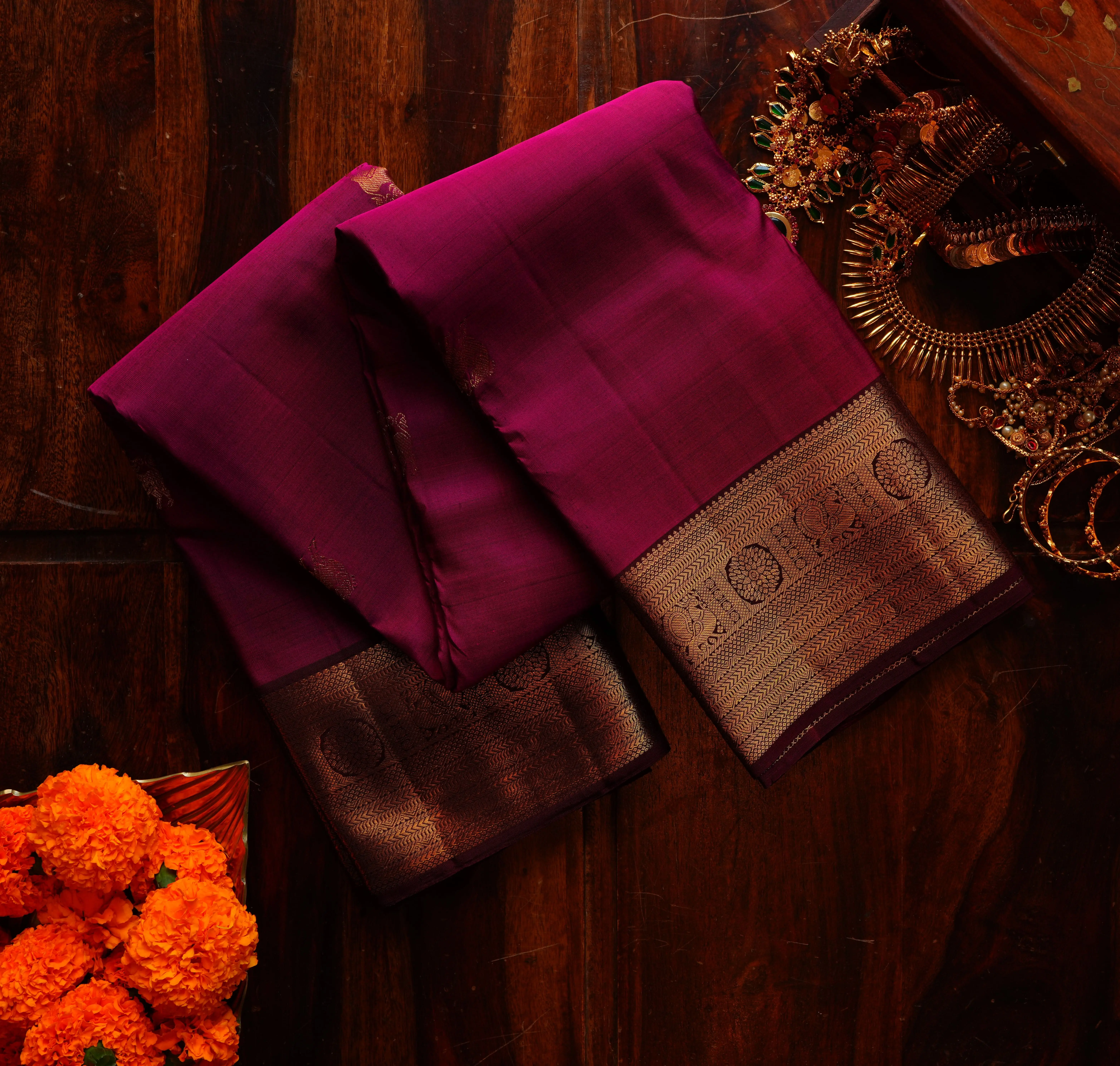 Pure Kanchipuram Silk Saree in Royal Wine Purple with Grand Gold Zari Pallu