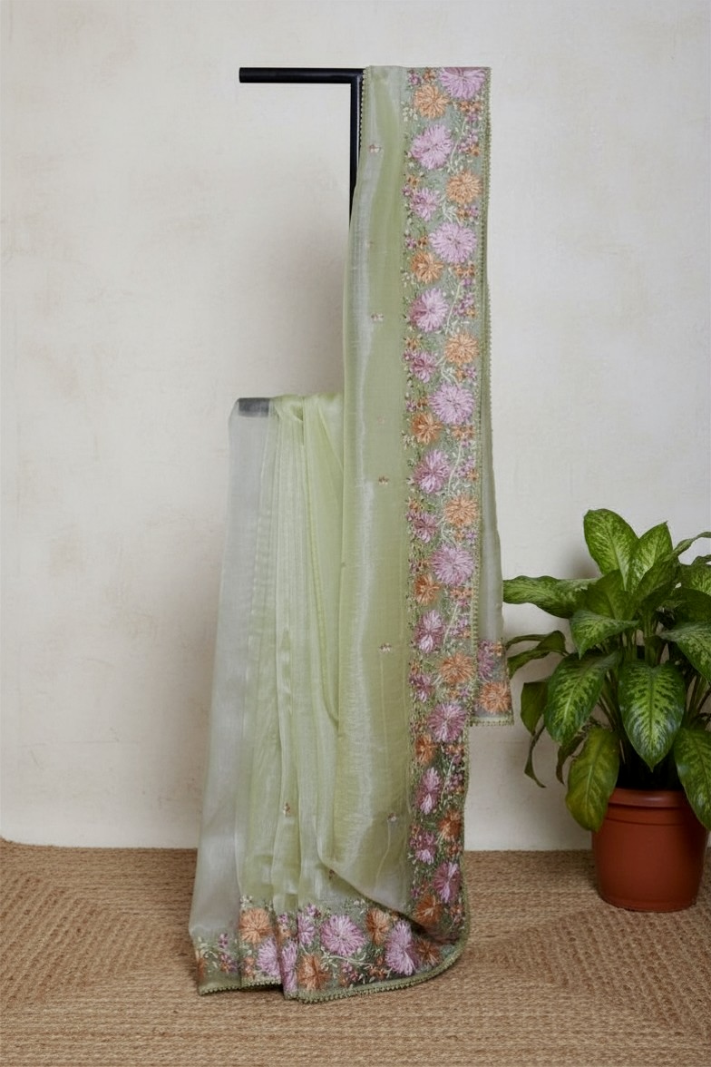Pastel Green Glass Tissue with Elegant Floral Embroidery