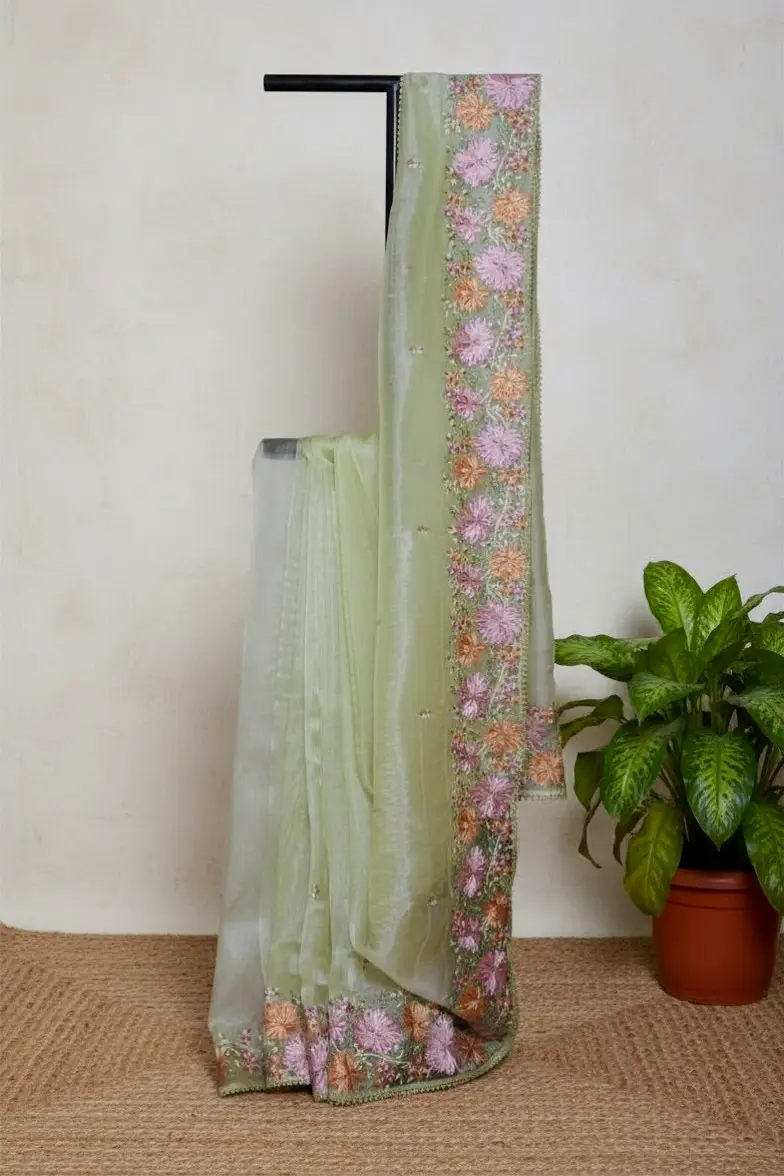 Pastel Green Glass Tissue with Elegant Floral Embroidery
