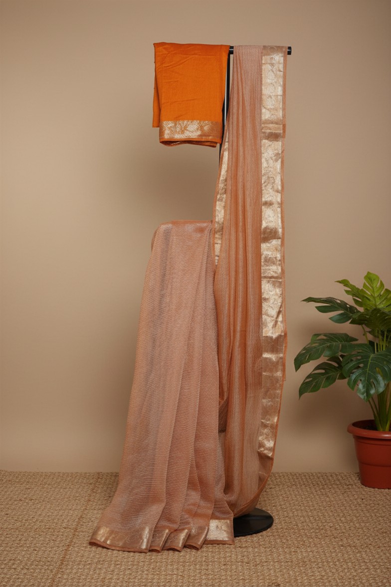 Pure Crush Tissue Saree in Elegant Rose Gold with Rich Zari Border