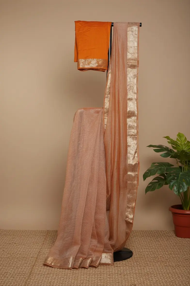 Pure Crush Tissue Saree in Elegant Rose Gold with Rich Zari Border