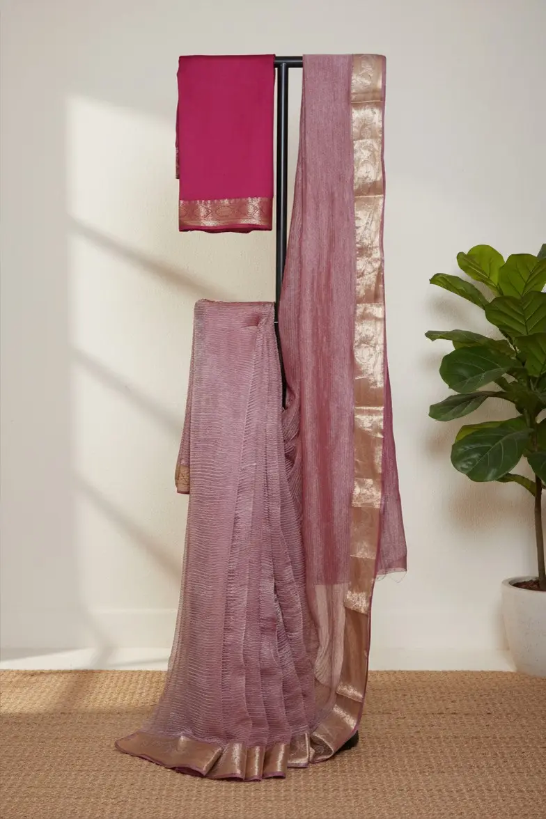 Pure Crush Tissue Saree in Dusty Mauve with Elegant Zari Border