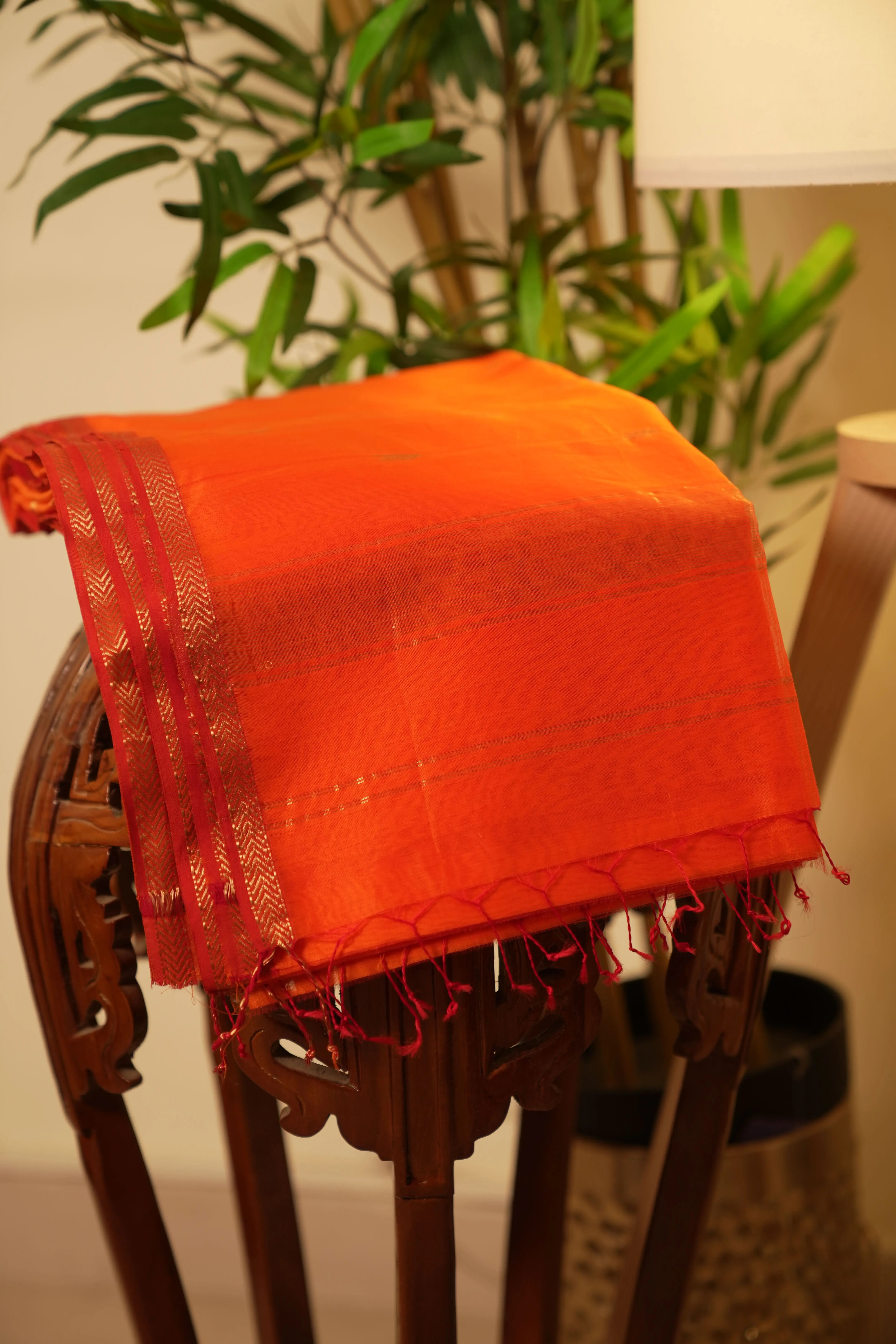 Pure Handloom Maheshwari Silk Cotton Saree – Vibrant Orange with Gold Zari Elegance