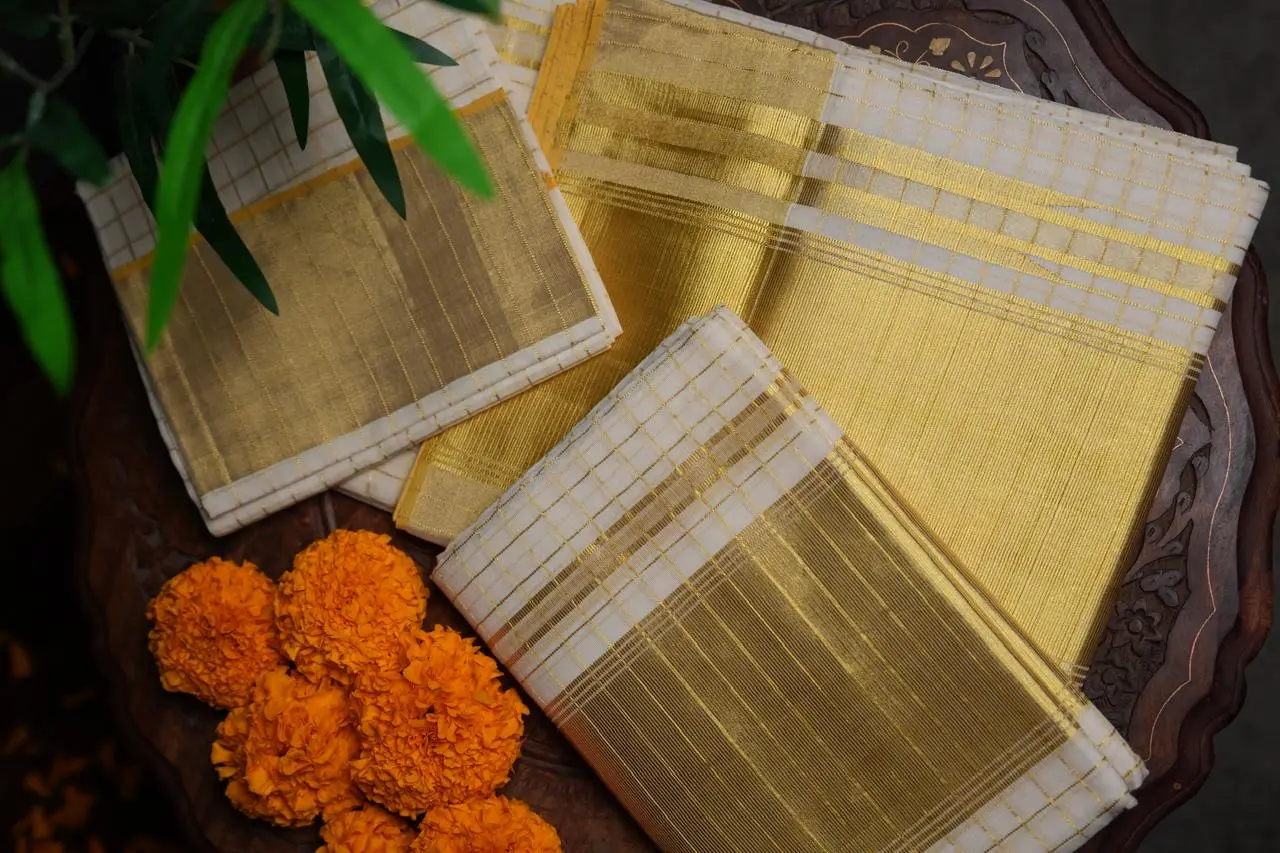Pure Kerala Handloom Grand Kasavu Set Mundu with Grand Kasavu (Zari) Kara