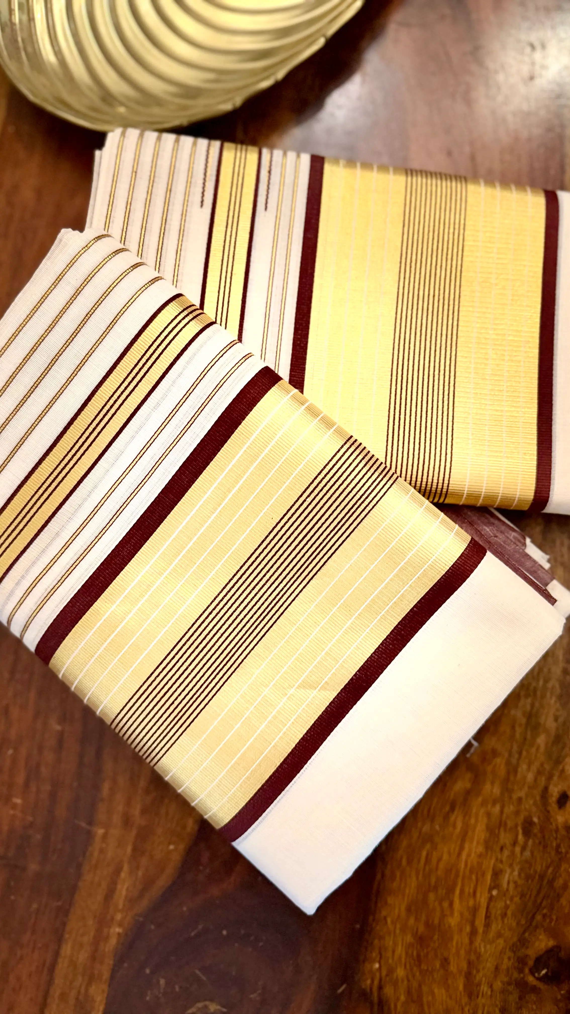 Pure Balaramapuram Handloom Kasavu Set Mundu with Maroon Stripes & Grand Gold Kasavu